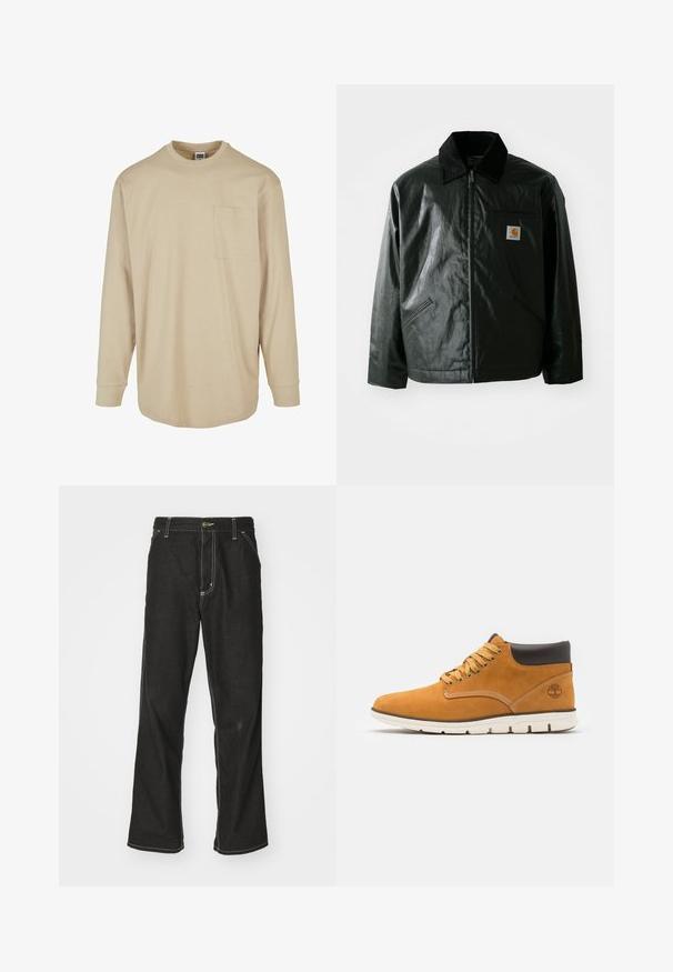 Melnā zip-up jaka, izgatavota no gludas, spīdīgas materiāla. Ir korduroja apkakle, divas priekšējās kabatas un neliela logo placdarma uz krūtīm.; Bežs garo piedurkņu T-krekls, kas izgatavots no kokvilnas. Iespējots ar apaļu kakla izgriezumu, kreisajā krūtī kabatu un standarta piegriezumu ar odere piedurknēm.; Melni džinsi ar brīvu piegriezumu, ar kontrastējošu baltu diegu, pogu aizdari un taisnu kāju dizainu.; Brūni zamšādas potītes zābaki ar mīkstu apkakli, ar zelta acu caurumiem un auklām, kontrastējošu šuvumu un baltu gumijas zoli.