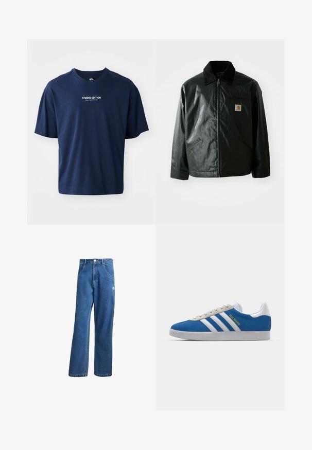 Čierna bundu na zips vyrobenú z hladkého, lesklého materiálu. Obsahuje kordový golier, dve predné vrecká a malú nášivku s logom na hrudi.; Tmavomodré tričko s krátkym rukávom vyrobené z bavlny, s okrúhlym výstrihom a bielym textom "STUDIO EDITION" na prednej strane.; Modré riflové nohavice s vysokým pásom a širokým strihom, s prednými vreckami, pútkami na opasok, zapínaním na gombík a malým logom Adidas na pravej stehne.; adidas Originals ADIDAS GAZELLE SHOES - Halové kopačky - real madrid/bluebird/footwear white/crew yellow