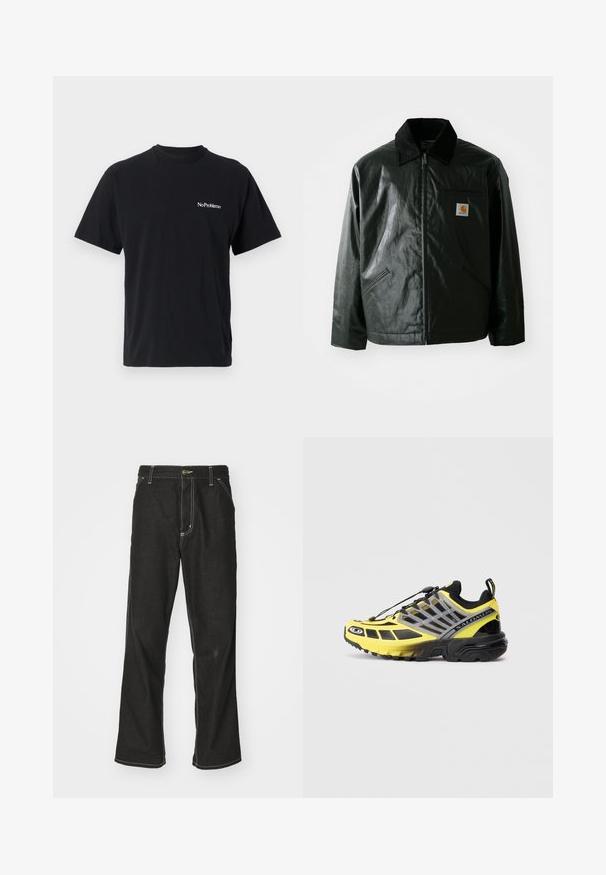 Black zip-up jacket made of smooth, shiny material. Features a corduroy collar, two front pockets, and a small logo patch on the chest.; Black cotton t-shirt with a crew neck and short sleeves. Features white text "No Problemo" on the left chest.; Black denim jeans with a loose fit, featuring contrasting white stitching, a button closure, and a straight leg design.; Black and yellow athletic shoe with a mesh upper, textured rubber sole, and elastic lacing system; features logo and detailing on the side.