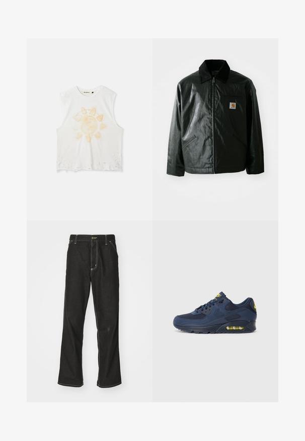 Czarna kurtka zapinana na zamek, wykonana z gładkiego, błyszczącego materiału. Posiada kołnierz z kordurowej tkaniny, dwie przednie kieszenie oraz małą naszywkę z logo na klatce piersiowej.; Biały, bezrękawnikowy crop top z postrzępionym dołem i graficznym motywem słońca w jasnym pomarańczowym kolorze oraz tekstowymi detalami, wykonany z miękkiego, teksturowanego materiału.; Czarne dżinsy o luźnym kroju, z kontrastującymi białymi szwami, z zapięciem na guzik i prostą nogawką.; Granatowe sneakersy Nike Air Max z cholewką z zamszu i siateczki, z żółtymi akcentami, sznurowanym przodem oraz widoczną poduszką powietrzną w podeszwie.