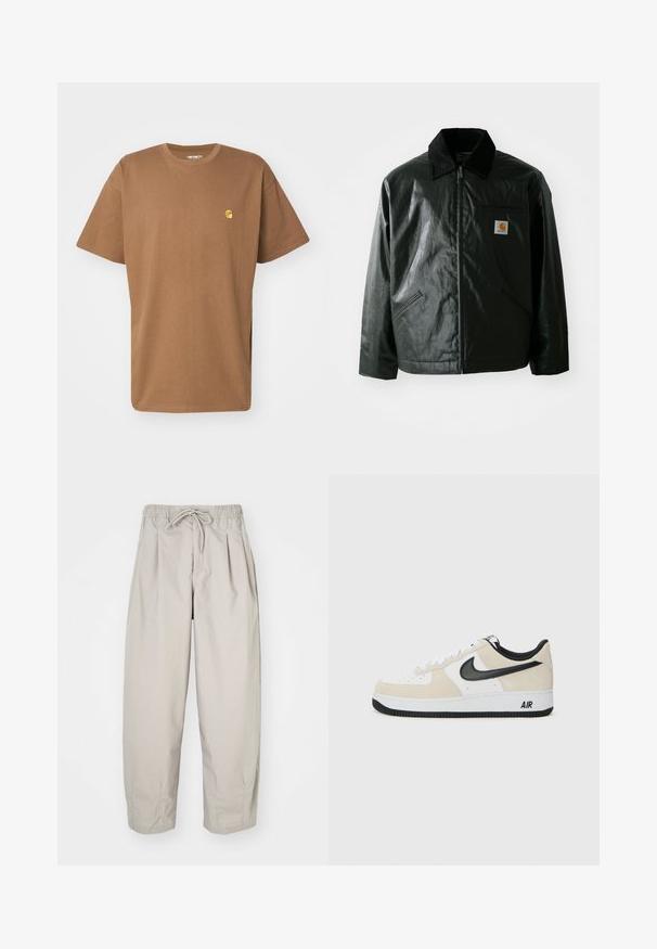Zwarte ritssluiting jas van glad, glanzend materiaal. Heeft een corduroy kraag, twee voorzakken en een klein logo label op de borst.; Carhartt WIP CHASE - T-shirt basic - chocolate/gold; Beige, lichte broek met een elastische tailleband en trekkoord. Beschikt over plooien en een losse pasvorm, gemaakt van een zachte, gladde stof.; Sneakers met een lichtbeige suède en witte leren bovenkant, zwarte Nike swoosh, zwarte accenten en een witte rubberen zool met "AIR" branding.