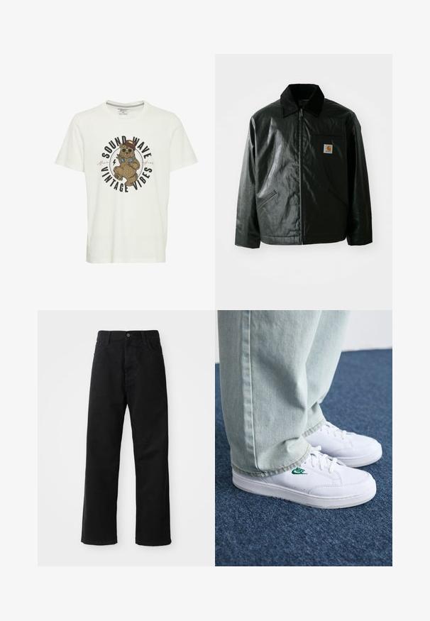 Black zip-up jacket made of smooth, shiny material. Features a corduroy collar, two front pockets, and a small logo patch on the chest.; White cotton t-shirt featuring a graphic of a bear in sunglasses and a hat, with the text "SOUND WAVE VINTAGE VIBES" in bold lettering.; Black denim pants with a straight cut, featuring front pockets, a zip fly, and a single top button. Textured fabric with a matte finish.; White leather sneakers with green Nike logo, round toe, flat sole, paired with light blue denim pants, shown on a blue carpet.