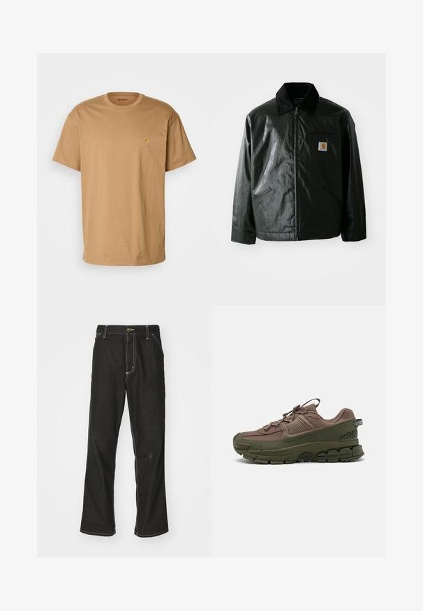 Melnā zip-up jaka, izgatavota no gludas, spīdīgas materiāla. Ir korduroja apkakle, divas priekšējās kabatas un neliela logo placdarma uz krūtīm.; Carhartt WIP CHASE - Pamata T-krekls - peanut/gold; Melni džinsi ar brīvu piegriezumu, ar kontrastējošu baltu diegu, pogu aizdari un taisnu kāju dizainu.; Brūni un zaļi sporta apavi ar teksturētu audumu, biezs gumijas zole, izteikta saistošanas sistēma un rakstaini detalizējumi sānos.