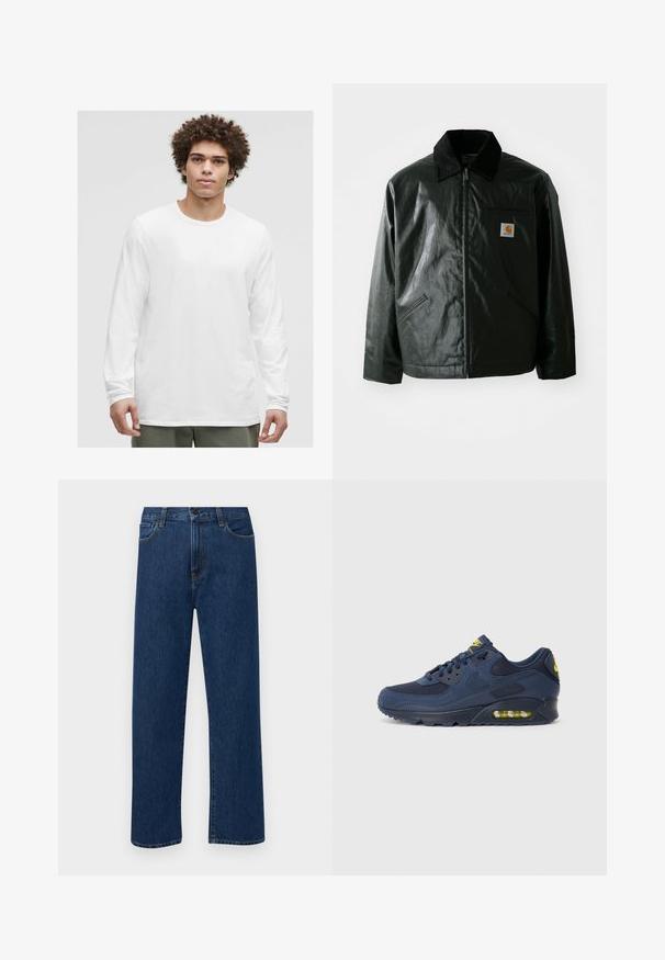 Zwarte ritssluiting jas van glad, glanzend materiaal. Heeft een corduroy kraag, twee voorzakken en een klein logo label op de borst.; Witte lange mouwen t-shirt met een ronde hals, gemaakt van zacht materiaal, met een ontspannen pasvorm en zonder zichtbare logo's of patronen.; Donkerblauwe rechte denim jeans met frontzakken en een knoopsluiting, weergegeven op een effen witte achtergrond.; Marineblauwe Nike Air Max sneakers met een bovenwerk van suede en mesh, voorzien van gele accenten, vetersluiting aan de voorkant en zichtbare luchtvering in de zool.