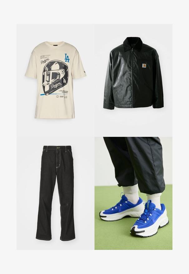 Juodas užtrauktuku užsegamas švarkas, pagamintas iš glotnaus, blizgaus medžiagos. Savybė - keteros apykaklė, dvi priekinės kišenės ir mažas logotipo ženklelis ant krūtinės.; Bežinis medvilninis marškinėlis su dideliu juodai balto Los Andželo Dodgers šalmą vaizduojančiu grafika, mėlynu tekstu ir spaudiniais bei detalėmis priekyje.; Juodi džinsai su laisvu siluetu, turintys kontrastingas balto siūlo siūles, mygtuko uždarymą ir tiesų kojos dizainą.; Mėlyni ir balti sportiniai bateliai su tekstūruota medžiaga, išsiskiriančia guma padais ir juodais akcentais. Savybėmis yra raišteliai ir paminkštinta konstrukcija.