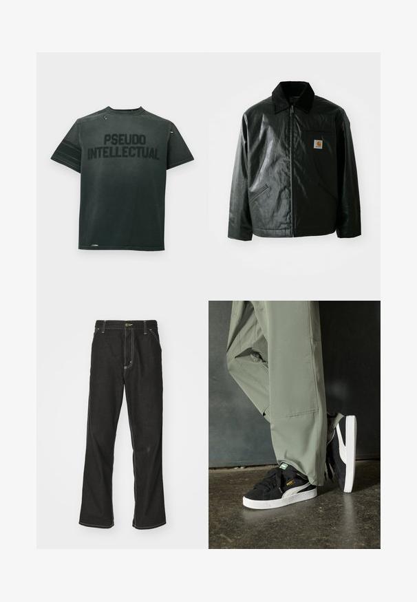 Zwarte ritssluiting jas van glad, glanzend materiaal. Heeft een corduroy kraag, twee voorzakken en een klein logo label op de borst.; Zwarte katoen t-shirt met "PSEUDO INTELLECTUAL" in vette letters. Korte mouwen, ronde hals en versleten details bij de kraag.; Zwarte denim jeans met een losse pasvorm, voorzien van contrasterende witte stiksels, een knoopsluiting en een recht ontwerp.; Zwarte suède sneakers met witte rubberen zolen en zijstrepen, gecombineerd met lichtgroene cargobroeken, staande op een gestructureerd donker oppervlak.