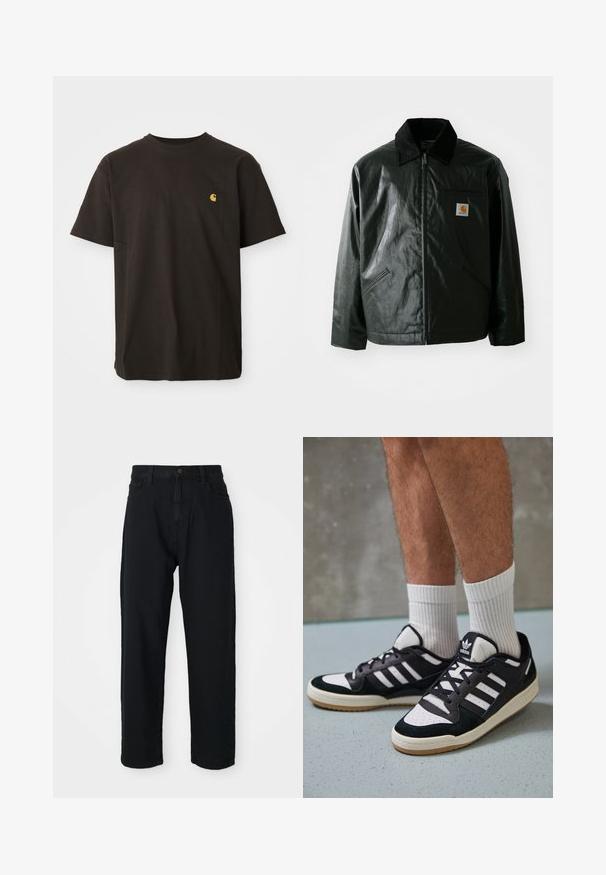 Svart zip-up jakke laget av jevnt, blankt materiale. Har en kordfløyelskrage, to frontlommer og en liten logo-lapp på brystet.; Svart bomull t-skjorte med rund hals, korte ermer og en liten gul logo på brystet. Klassisk passform med en jevn tekstur.; Sorte denimbukser med rette ben. Har klassisk fem-lomme-design, knappeåpning og subtilt stoffmønster.; Sorte og hvite sneakers med overdel i semsket skinn og lær, med tre hvite striper, perforert tå og en såle av gummi.