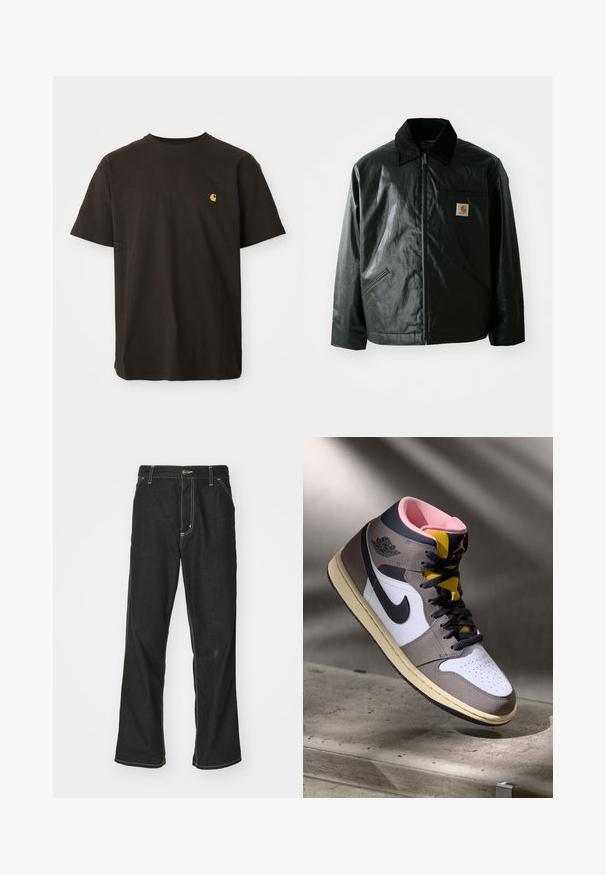 Schwarze Zip-Jacke aus glattem, glänzendem Material. Verfügt über einen Cordkragen, zwei Fronttaschen und ein kleines Logo-Patch auf der Brust.; Schwarzes Baumwoll-T-Shirt mit runder Ausschnitt, kurzen Ärmeln und einem kleinen gelben Logo auf der Brust. Klassische Passform mit angenehmer Textur.; Schwarze Denim-Jeans mit lockerer Passform, kontrastierenden weißen Nähten, einem Knopfverschluss und geradem Bein.; Hohe Nike Air Jordan Sneaker in Weiß, Grau und Schwarz mit pinkem Innenfutter und gelber Zunge, auf einer Betontfläche platziert.