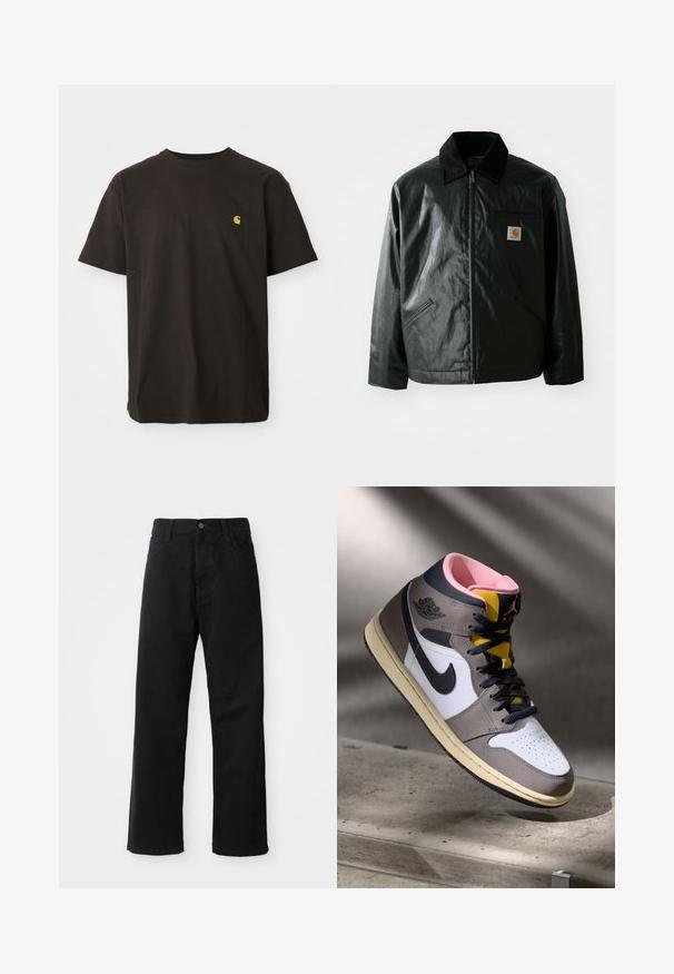 Zwarte ritssluiting jas van glad, glanzend materiaal. Heeft een corduroy kraag, twee voorzakken en een klein logo label op de borst.; Zwarte katoenen T-shirt met een ronde halslijn, korte mouwen en een klein geel logo op de borst. Klassieke pasvorm met een soepele textuur.; Zwarte denim broek met een rechte pasvorm, voorzien van voorzakken, een rits en een enkele bovenste knoop. Gestructureerde stof met een matte afwerking.; Hoog-top Nike Air Jordan sneaker in wit, grijs en zwart met een roze interieur en gele tong, geplaatst op een betonnen oppervlak.