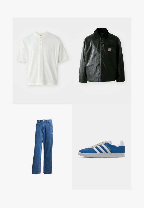 Chaqueta negra con cremallera hecha de un material liso y brillante. Presenta un cuello de pana, dos bolsillos frontales y un pequeño parche con el logo en el pecho.; Camisa blanca de manga corta con escote tipo henley, que cuenta con tres botones y un pequeño logo en el lado izquierdo del pecho. Fabricada en tela de algodón.; Vaqueros de mezclilla anchos de talle alto en azul, con bolsillos frontales, presillas para cinturón, cierre de botón y pequeño logo de Adidas en el muslo derecho.; adidas Originals ADIDAS GAZELLE SHOES - Botines de fútbol sala - real madrid/bluebird/footwear white/crew yellow