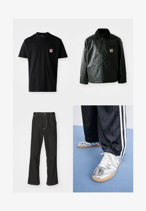 Must mustaga, läikiva materjaliga musta värvi jakk. Omab kordonilõikega kraed, kahte esikäe taskut ja väikest logo sildi rinnal.; Must musta T-särk ümmarguse kaeluse, lühikeste varrukate ja vasakpoolse rinna taskuga, millel on punane südameplekk valge tekstiga.; Mustadest denimist püksid, lahtise lõikega, kontrastsete valgete õmblustega, nööbiga kinnitamine ja sirge säär.; Metallik hõbedased jooksuketsid valgete paeltega ja kolme valge triibuga, mille juurde on sobitatud mustad triibulised püksid. Allosas kummist tallaga aktsent.