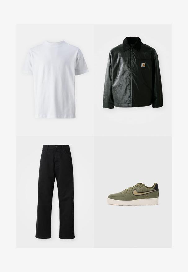 Juodas užtrauktuku užsegamas švarkas, pagamintas iš glotnaus, blizgaus medžiagos. Savybė - keteros apykaklė, dvi priekinės kišenės ir mažas logotipo ženklelis ant krūtinės.; Baltas trumpas rankovėmis marškinėliai, pagaminti iš medvilnės, su apvaliu iškirpimu ir lygiu paviršiumi, tiesaus kirpimo ir be raštų.; Juodo džinsinio audinio keliaraiščiai su tiesia iškarpa, turintys priekinės kišenes, užtrauktuką ir vieną viršutinį mygtuką. Audinys tekstūruotas, su matinio paviršiaus apdaila.; Alyvuogių spalvos drobės sportbačiai su juodais akcentais, su raištelių dizainu, paminkštintu apvadu ir tekstūruotu padu su "AIR" žymėjimu.