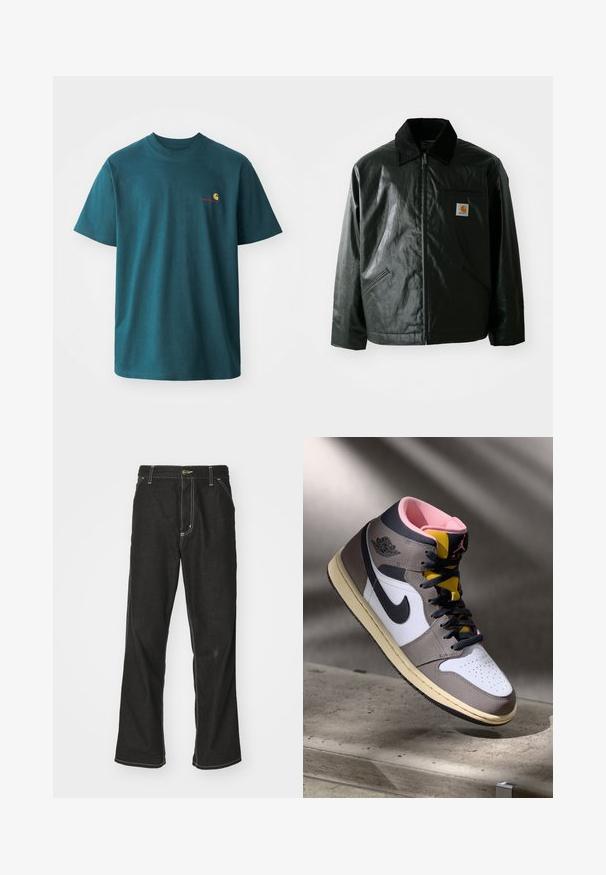 Black zip-up jacket made of smooth, shiny material. Features a corduroy collar, two front pockets, and a small logo patch on the chest.; Teal cotton t-shirt with short sleeves, crew neck, and a small embroidered logo in yellow and red on the left chest.; Black denim jeans with a loose fit, featuring contrasting white stitching, a button closure, and a straight leg design.; High-top Nike Air Jordan sneaker in white, grey, and black with pink interior and yellow tongue, positioned on a concrete surface.
