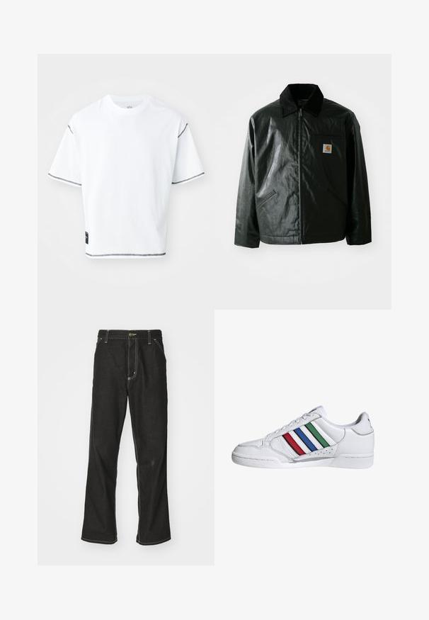 Must mustaga, läikiva materjaliga musta värvi jakk. Omab kordonilõikega kraed, kahte esikäe taskut ja väikest logo sildi rinnal.; Valge lühikesed käised T-särgid, mis on valmistatud puuvillast. Omab lühikesi käiseid, mille ääres on mustad õmblused, ning allääres väikene must silt.; Mustadest denimist püksid, lahtise lõikega, kontrastsete valgete õmblustega, nööbiga kinnitamine ja sirge säär.; Valged nahast jooksujalad, millel on kolm horisontaalset triipu punases, sinises ja rohelises. Ümar nina, tekstuuriga pealis ja polsterdatud kaelus.