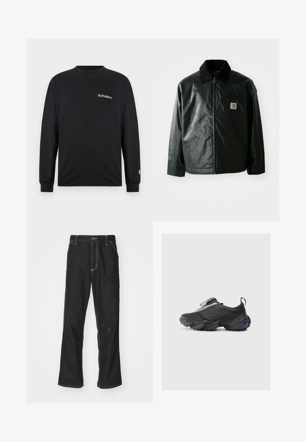 Černá zipová bunda vyrobená z hladkého, lesklého materiálu. Má jemný manžetový límec, dvě přední kapsy a malou značkovou nášivku na hrudi.; Černé tričko s dlouhým rukávem vyrobené z bavlny. Na hrudi má text "No Problemo" a logo na rukávu. Kulatý výstřih a přiléhavé manžety.; Černé denimové džíny s volným střihem, s kontrastním bílým prošíváním, zapínáním na knoflík a rovnými nohavicemi.; Černé sportovní boty s elegantním designem, s texturovaným svrškem, šedými akcenty a robustní podrážkou s modrými protiskluzovými nopky.