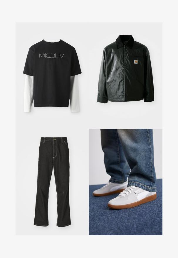 Svart zip-up jakke laget av jevnt, blankt materiale. Har en kordfløyelskrage, to frontlommer og en liten logo-lapp på brystet.; Svart kortermet T-skjorte lagdelt over hvite langermede skjorter med MISBHV klubbkleslösninger logo i midten av brystet.; Svarte denimbukser med løs passform, med kontrastfylt hvit søm, knappelukking og rett ben-design.; Puma PALERMO UNISEX - Joggesko - white/cool light gray/gold