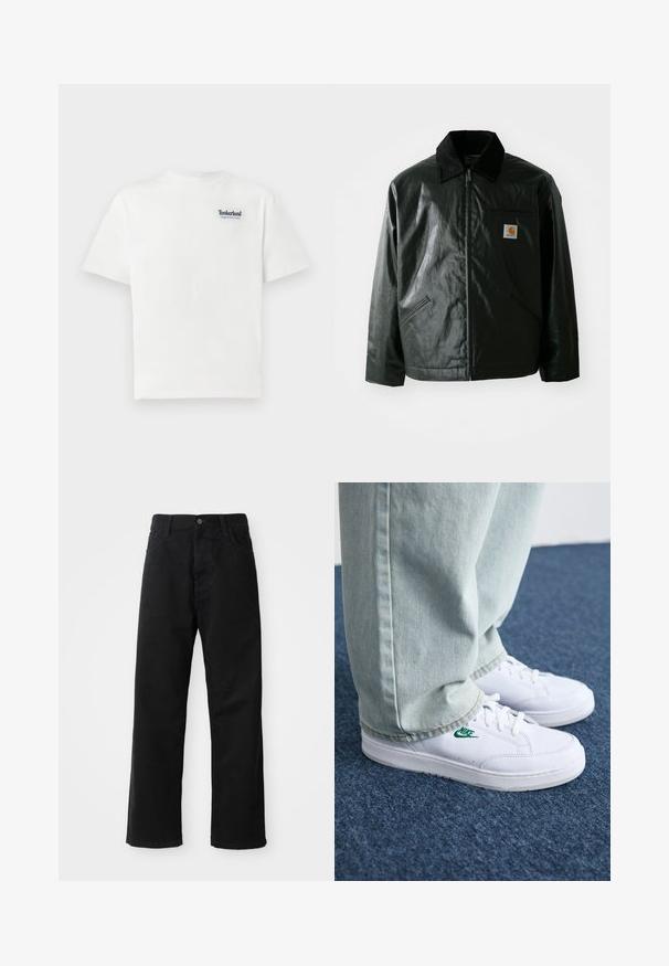 Fekete zipzáros dzseki sima, fényes anyagból. Kordbársony gallérral, két elülső zsebbel és egy kis logós felvarrással a mellkason.; Fehér pamut póló, melyen kék hímzett "Timberland Rugged Active Gear" logó található a bal felső mellen. Rövid ujjú és kerek nyakkivágású.; Fekete farmernadrág egyenes szabással, elülső zsebekkel, cipzáras flyal és egy felső gombbal. Strukturált anyag matt felülettel.; Fehér bőr sportcipők zöld Nike logóval, kerek orral, lapos talppal, világoskék farmernadrággal párosítva, kék szőnyegen bemutatva.