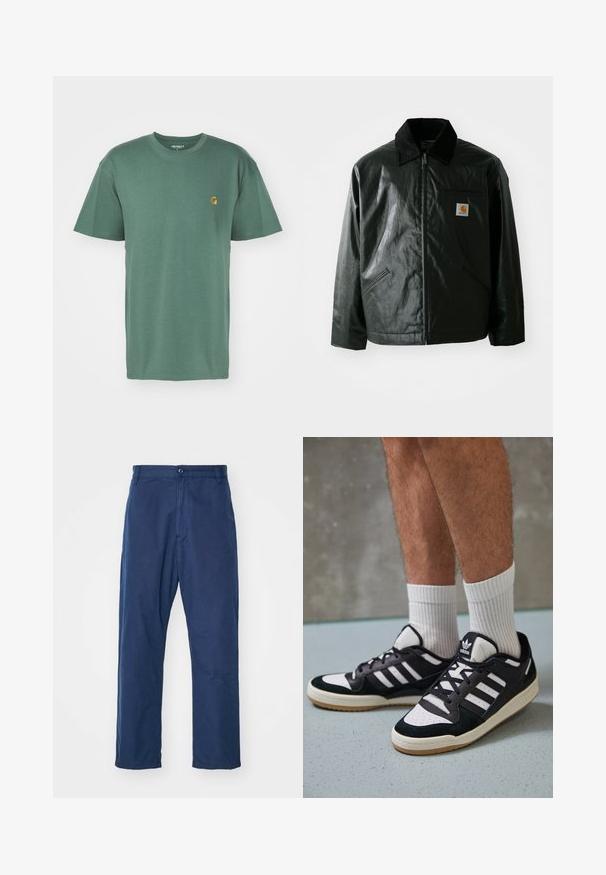 Svart zip-up jakke laget av jevnt, blankt materiale. Har en kordfløyelskrage, to frontlommer og en liten logo-lapp på brystet.; Carhartt WIP CHASE - T-shirts - duck green/gold; Marineblå, rette ben bukser laget av bomull. Har en frontlukking med knapp og subtil tekstur, samt sidelommer og beltehemper.; Sorte og hvite sneakers med overdel i semsket skinn og lær, med tre hvite striper, perforert tå og en såle av gummi.