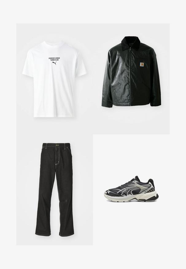 Črna jakna na zadrgo, izdelana iz gladkega, sijočega materiala. Ima žametni ovratnik, dva sprednja žepa in majhno oznako logotipa na prsih.; Bela bombažna majica z napisom "PORSCHE LEAGUE TURBO CLUB" in črnim logotipom Puma. Okrogla izrezana vrhnja in kratkimi rokavi.; Črne jeans hlače ohlapenega kroja, ki imajo kontrastno belo šivanje, zapiranje na gumb in ravno nogavico.; Črne atletske čevlje z mrežasto in sintetično oblogo, opremljene s podložnim ovratnikom, strukturirano podplatom in srebrnimi poudarki v poenostavljenem dizajnu.
