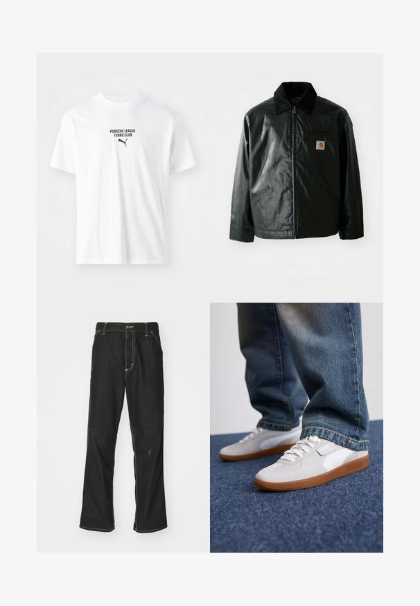 Black zip-up jacket made of smooth, shiny material. Features a corduroy collar, two front pockets, and a small logo patch on the chest.; White cotton t-shirt featuring the text "PORSCHE LEAGUE TURBO CLUB" and a black Puma logo. Round neckline and short sleeves.; Black denim jeans with a loose fit, featuring contrasting white stitching, a button closure, and a straight leg design.; Puma PALERMO UNISEX - Trainers - white/cool light gray/gold