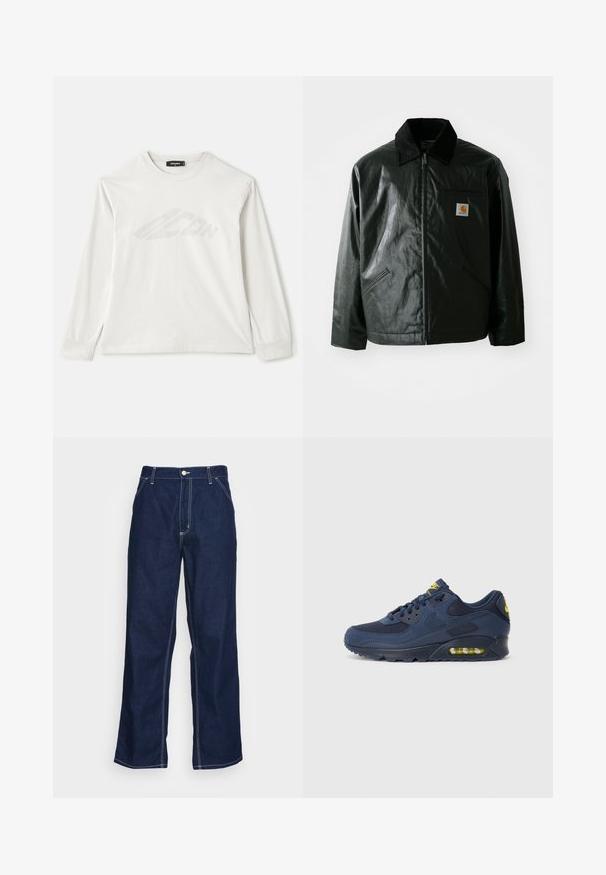 Zwarte ritssluiting jas van glad, glanzend materiaal. Heeft een corduroy kraag, twee voorzakken en een klein logo label op de borst.; Lange mouwen lichtgrijze T-shirt van katoen, met een ronde halslijn, zijsplitten en een subtiele geprinte logo op de voorkant.; Donkerblauwe denim broeken met wijde pijpen, met een hoge taille, voorzakken en contrasterende witte stiksels langs de naden.; Marineblauwe Nike Air Max sneakers met een bovenwerk van suede en mesh, voorzien van gele accenten, vetersluiting aan de voorkant en zichtbare luchtvering in de zool.