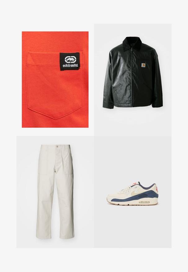 Mustat vetoketjulliset takit, jotka on valmistettu sileästä, kiiltävästä materiaalista. Sisältää kangastakin kauluksen, kaksi etutaskua ja pienen logopatchin rinnassa.; Punainen puuvillapaita, jossa on brodeerattu tasku ja musta etiketti, jossa on "eckō unlt'd" -logo ja graafinen logo.; Harmaat vaaleat leveät housut, jotka on valmistettu puuvillasta. Varustettu etutaskuilla ja nappikiinnityksellä. Sujuva rakenne, jossa on hienovaraisia pystysuoria viivoja.; Tennarit, joissa on kermanvärinen nahka ja merimiessininen mokka päällinen, näkyvällä ilmasoolalla, beige kumipohja ja punainen yksityiskohta kantapäässä.