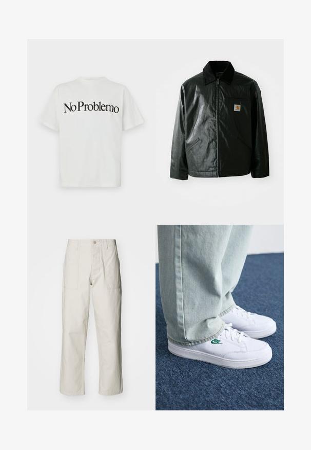 Juodas užtrauktuku užsegamas švarkas, pagamintas iš glotnaus, blizgaus medžiagos. Savybė - keteros apykaklė, dvi priekinės kišenės ir mažas logotipo ženklelis ant krūtinės.; Balta medvilninė marškinėlių su trumpomis rankovėmis ir apvaliu kaklu. Priekyje juodu šriftu užrašyta „No Problemo“ drąsiu, išlenktu šriftu.; Šviesiai pilki plačius kelnes, pagamintas iš medvilnės. Yra priekinės kišenės ir mygtuko uždarymas. Lygus paviršius su subtiliomis vertikaliomis linijomis.; Balti odiniai sportbačiai su žaliu Nike logotipu, apvalia nosimi, plokščiu padu, derinami su šviesiai mėlynomis džinsinėmis kelnėmis, rodomi ant mėlynos kiliminės dangos.