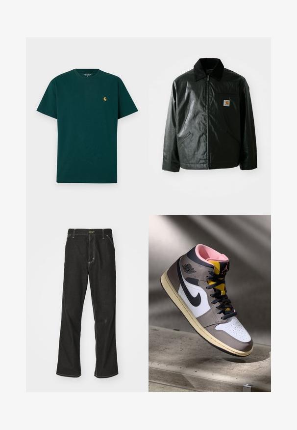 Juodas užtrauktuku užsegamas švarkas, pagamintas iš glotnaus, blizgaus medžiagos. Savybė - keteros apykaklė, dvi priekinės kišenės ir mažas logotipo ženklelis ant krūtinės.; Žalias medvilninis marškinėliai trumpomis rankovėmis, suapvalintu iškirpimu ir mažu geltonu logotipu ant krūtinės. Lygus paviršius ir paprastas dizainas.; Juodi džinsai su laisvu siluetu, turintys kontrastingas balto siūlo siūles, mygtuko uždarymą ir tiesų kojos dizainą.; Balti Nike Air Jordan aukšti sportbačiai balta, pilka ir juoda spalva su rožine vidine dalimi ir geltonu liežuvėliu, padėti ant betono paviršiaus.