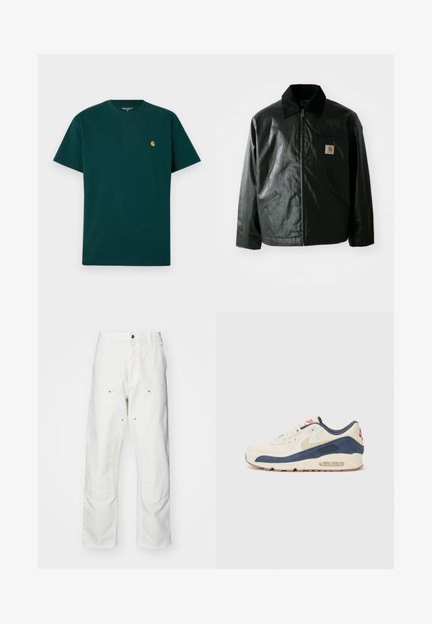 Casaco preto com fecho éclair, feito de material liso e brilhante. Apresenta um colarinho de veludo, dois bolsos frontais e um pequeno emblema no peito.; Camiseta de algodão verde com mangas curtas, gola redonda e um pequeno logotipo amarelo no peito. Textura suave e design simples.; Calças cargo brancas em algodão com um corte descontraído. As características incluem bolsos frontais, detalhes em metal dourado e áreas de joelhos reforçadas.; Tênis com parte superior em couro creme e camurça azul-marinho, apresentando uma sola de ar visível, solado em borracha bege e um detalhe vermelho no calcanhar.
