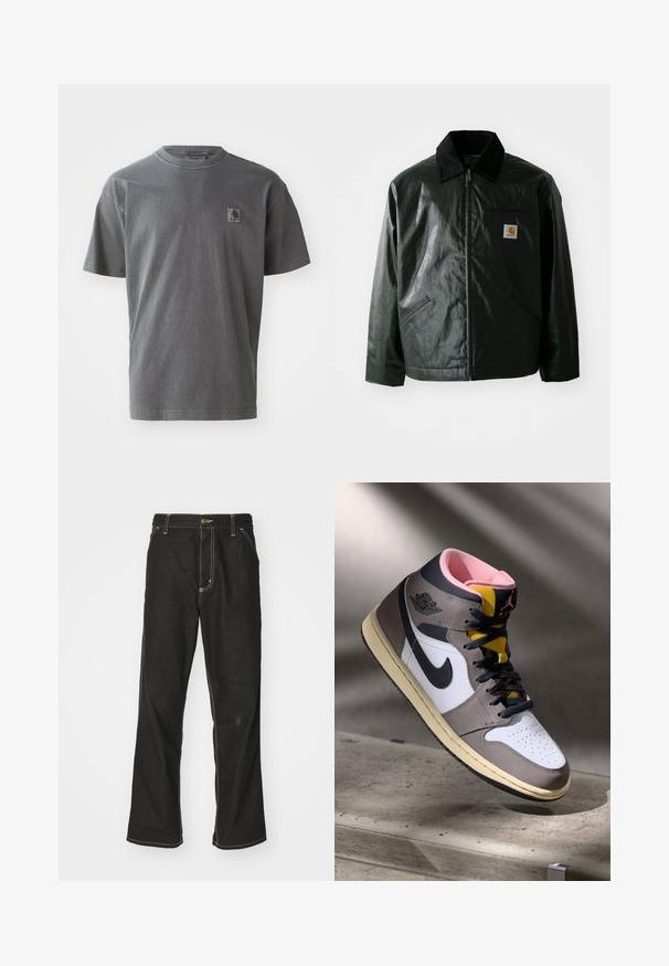 Giacca nera con zip realizzata in materiale liscio e lucido. Presenta un colletto in corduroy, due tasche frontali e una piccola patch con logo sul petto.; T-shirt in cotone grigio con maniche corte, dotato di una piccola patch con logo sul petto, scollo tondo e vestibilità rilassata.; Jeans in denim nero con una vestibilità ampia, caratterizzati da cuciture bianche a contrasto, chiusura a bottone e un design a gamba dritta.; Sneaker Nike Air Jordan alta in bianco, grigio e nero con interno rosa e linguetta gialla, posizionata su una superficie di cemento.