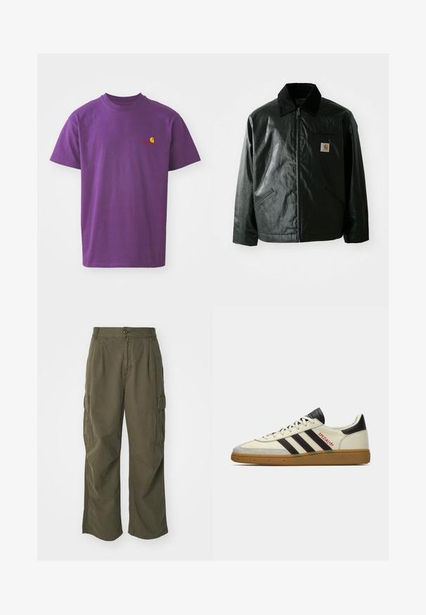 Must mustaga, läikiva materjaliga musta värvi jakk. Omab kordonilõikega kraed, kahte esikäe taskut ja väikest logo sildi rinnal.; Lilla puuvillane T-särk, millel on ümmargune kaelus. Vasakul rinnal on väike kollane ja punane logo. Lühikesed varrukad, standartne istuvus.; Olivi rohelised cargo püksid, valmistatud puuvillast, laia jala disainiga, voldikute ja küljetaskutega praktilisuse huvides.; Kreemja ja must Adidas Spezial sportlane, kummist tallaga, mustade triipudega, punaste õmblustega ja "Spezial" brändinguga küljel.