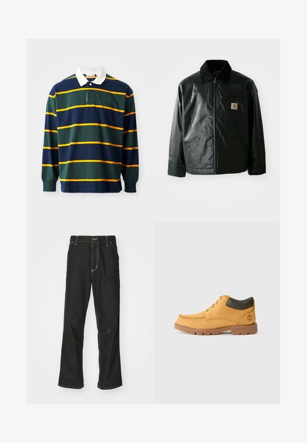 Svart zip-up jakke laget av jevnt, blankt materiale. Har en kordfløyelskrage, to frontlommer og en liten logo-lapp på brystet.; Langermet polo skjorte med grønne, marineblå og gule striper, hvit krage og liten logo på brystet. Laget av bomull.; Svarte denimbukser med løs passform, med kontrastfylt hvit søm, knappelukking og rett ben-design.; Gul lædersko med brun gummisål, rund tå og grønt læderdetalje ved anklen. Har gyldne øjeskruer og stikninger som accent.