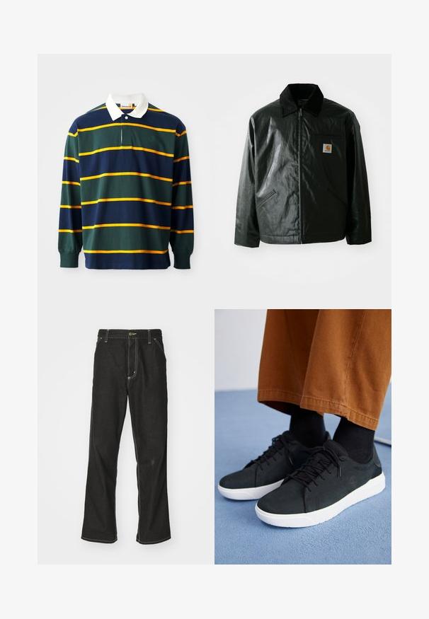 Svart zip-up jakke laget av jevnt, blankt materiale. Har en kordfløyelskrage, to frontlommer og en liten logo-lapp på brystet.; Langermet polo skjorte med grønne, marineblå og gule striper, hvit krage og liten logo på brystet. Laget av bomull.; Svarte denimbukser med løs passform, med kontrastfylt hvit søm, knappelukking og rett ben-design.; Svarte semskede sneakers med hvite gummisåler, med snøring, teksturerte detaljer og subtil branding, sammen med brune bukser.