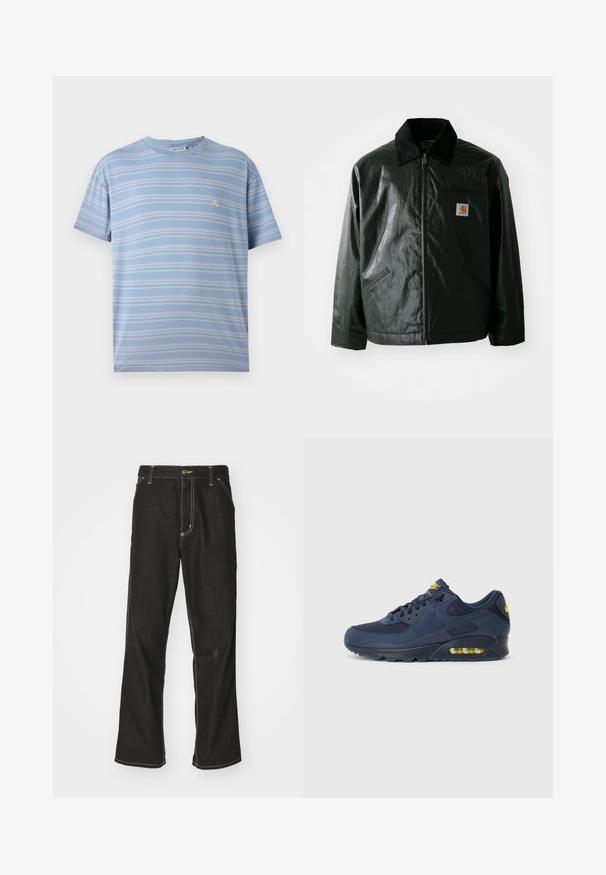 Svart zip-up jakke laget av jevnt, blankt materiale. Har en kordfløyelskrage, to frontlommer og en liten logo-lapp på brystet.; Lyseblåstripet t-skjorte med horisontale hvite striper, rund hals og en liten rosa logo på venstre brystområde. Myk bomullsstoff.; Svarte denimbukser med løs passform, med kontrastfylt hvit søm, knappelukking og rett ben-design.; Marineblå Nike Air Max sneakers med overdel i ruskind og mesh, med gule detaljer, snørebånd fortil og synlig luftdæmpning i sålen.