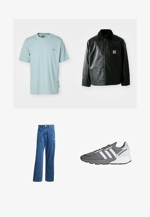 Jachetă neagră cu fermoar, confecționată dintr-un material neted și lucios. Prezintă un guler din catifea, două buzunare frontale și un mic logo brodat pe piept.; Dickies MAPLETON - Tricou basic - blue surf; Jeans din denim cu talie înaltă, cu picioare largi, de culoare albastră, cu buzunare frontale, bucle pentru centură, închidere cu nasture și un mic logo Adidas pe coapsa dreaptă.; Adidași gri și albaștri cu un material de plasă, trei dungi albe, o talpă cu amortizare și o talpă din cauciuc gri texturat.