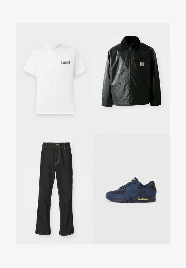 Zwarte ritssluiting jas van glad, glanzend materiaal. Heeft een corduroy kraag, twee voorzakken en een klein logo label op de borst.; Witte katoenen T-shirt met korte mouwen, voorzien van een zwart "Carhartt" logo op de linkerborst in een gestileerd lettertype.; Zwarte denim jeans met een losse pasvorm, voorzien van contrasterende witte stiksels, een knoopsluiting en een recht ontwerp.; Marineblauwe Nike Air Max sneakers met een bovenwerk van suede en mesh, voorzien van gele accenten, vetersluiting aan de voorkant en zichtbare luchtvering in de zool.