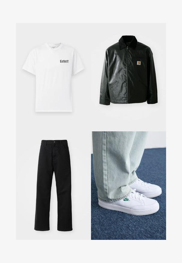 Juodas užtrauktuku užsegamas švarkas, pagamintas iš glotnaus, blizgaus medžiagos. Savybė - keteros apykaklė, dvi priekinės kišenės ir mažas logotipo ženklelis ant krūtinės.; Balta medvilninė marškinėliai trumpomis rankovėmis, su juodu „Carhartt“ logotipu kairėje krūtinės pusėje, parašytu stilizuotu šriftu.; Juodo džinsinio audinio keliaraiščiai su tiesia iškarpa, turintys priekinės kišenes, užtrauktuką ir vieną viršutinį mygtuką. Audinys tekstūruotas, su matinio paviršiaus apdaila.; Balti odiniai sportbačiai su žaliu Nike logotipu, apvalia nosimi, plokščiu padu, derinami su šviesiai mėlynomis džinsinėmis kelnėmis, rodomi ant mėlynos kiliminės dangos.