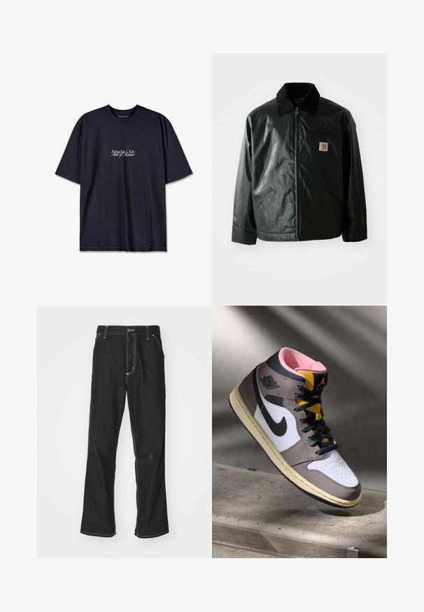 Svart zip-up jakke laget av jevnt, blankt materiale. Har en kordfløyelskrage, to frontlommer og en liten logo-lapp på brystet.; Svart bomull t-skjorte med rund hals, med en hvit trykket logo "Pescador Club" og "Scent of Summer" på forsiden. Korte ermer.; Svarte denimbukser med løs passform, med kontrastfylt hvit søm, knappelukking og rett ben-design.; Høy topp Nike Air Jordan-sneaker i hvit, grå og svart med rosa indre og gul tunge, plassert på en betongoverflate.