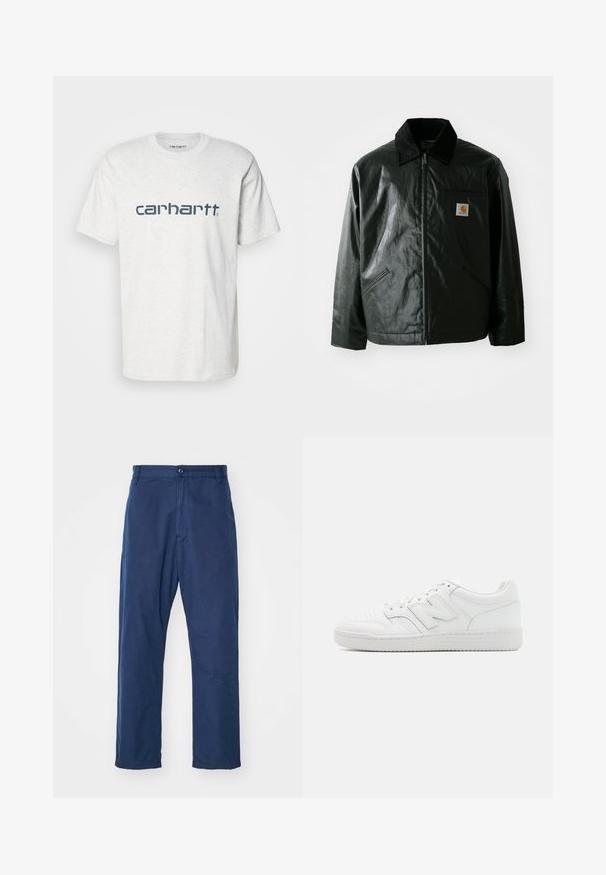 Svart zip-up jakke laget av jevnt, blankt materiale. Har en kordfløyelskrage, to frontlommer og en liten logo-lapp på brystet.; Carhartt WIP SCRIPT - T-shirts med print - ash heather/duck blue; Marineblå, rette ben bukser laget av bomull. Har en frontlukking med knapp og subtil tekstur, samt sidelommer og beltehemper.; Hvit sneakers laget av glatt lær, med perforert tå, en teksturert gummisåle, flate lisser og en fremtredende 'N' logo på siden.