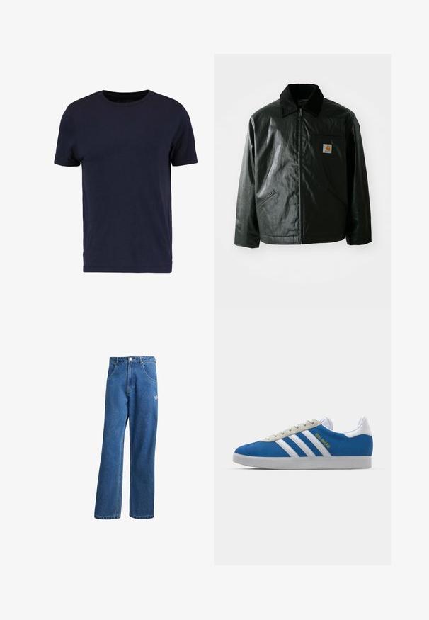 Černá zipová bunda vyrobená z hladkého, lesklého materiálu. Má jemný manžetový límec, dvě přední kapsy a malou značkovou nášivku na hrudi.; Pier One Jednoduché tričko - dark blue; Modré vysoké široké džíny s vysokým pasem, předními kapsami, poutky na opasek, knoflíkovým zapínáním a malým logem Adidas na pravém stehně.; adidas Originals ADIDAS GAZELLE SHOES - Sálové kopačky - real madrid/bluebird/footwear white/crew yellow