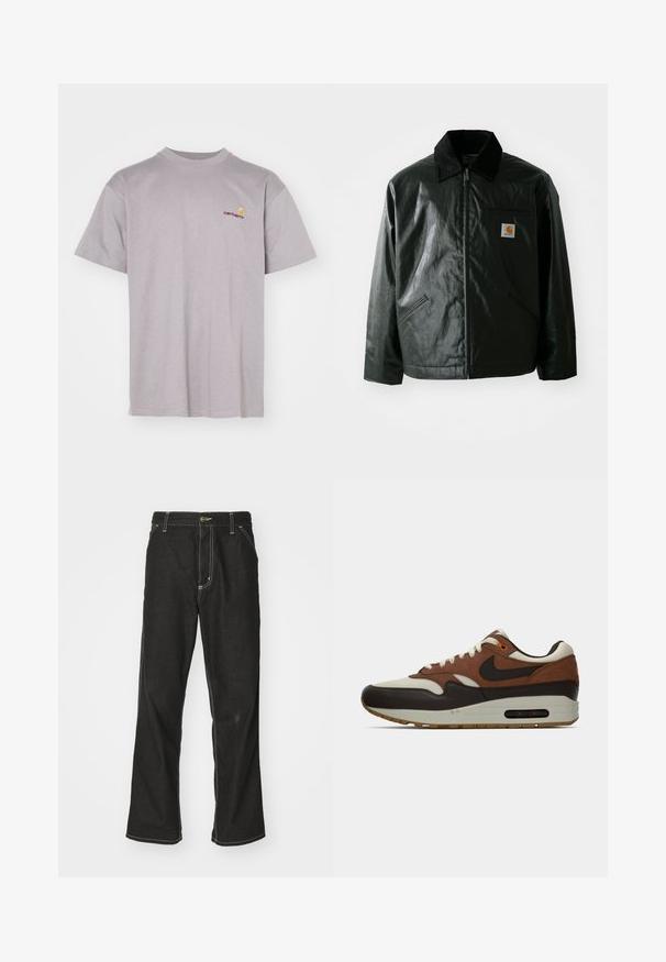 Černá zipová bunda vyrobená z hladkého, lesklého materiálu. Má jemný manžetový límec, dvě přední kapsy a malou značkovou nášivku na hrudi.; Šedé bavlněné tričko s kulatým výstřihem. Má krátké rukávy a malé vyšívané logo červené a žluté barvy na levé straně hrudi.; Černé denimové džíny s volným střihem, s kontrastním bílým prošíváním, zapínáním na knoflík a rovnými nohavicemi.; Hnědé, krémové a černé Nike Air Max tenisky s viditelnou vzduchovou bublinou a šněrovacím designem, zobrazené v bočním profilu na bílém pozadí.