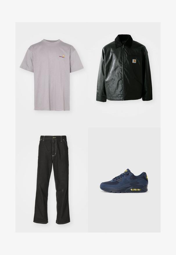 Svart zip-up jakke laget av jevnt, blankt materiale. Har en kordfløyelskrage, to frontlommer og en liten logo-lapp på brystet.; Grå bomull t-skjorte med rund hals. Har korte ermer og en liten brodert logo i rødt og gult på venstre bryst.; Svarte denimbukser med løs passform, med kontrastfylt hvit søm, knappelukking og rett ben-design.; Marineblå Nike Air Max sneakers med overdel i ruskind og mesh, med gule detaljer, snørebånd fortil og synlig luftdæmpning i sålen.