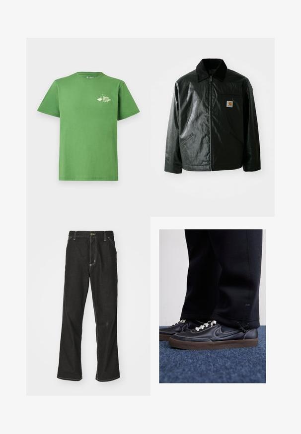 Melnā zip-up jaka, izgatavota no gludas, spīdīgas materiāla. Ir korduroja apkakle, divas priekšējās kabatas un neliela logo placdarma uz krūtīm.; Zaļš kokvilnas T-krekls ar īsām piedurknēm. Iespējots balts grafiskais printēts attēls kreisajā krūtī, apaļa kakla izgriezums un brīvs piegriezums.; Melni džinsi ar brīvu piegriezumu, ar kontrastējošu baltu diegu, pogu aizdari un taisnu kāju dizainu.; Nike Sportswear KILLSHOT 2 LTR PRM OPP2 - Treniņu apavi - black sail baroque brown mtlc dk grey