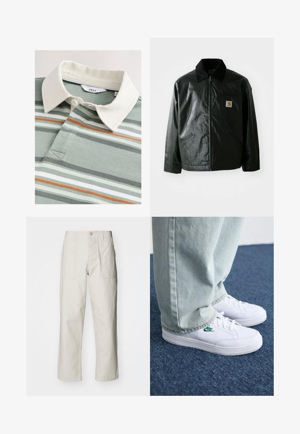 Veste noire zippée en matériau lisse et brillant. Elle dispose d'un col en velours côtelé, de deux poches avant et d'un petit écusson logo sur la poitrine.; Polo avec un col crème, présentant des rayures vertes et grises, un accent orange, et deux boutons près d'un col en V sur un tissu doux.; Pantalons larges beige clair en coton. Dotés de poches avant et d'une fermeture à bouton. Texture lisse avec de légères lignes verticales.; Baskets en cuir blanc avec logo Nike vert, bout rond, semelle plate, associées à un pantalon en denim bleu clair, présentées sur un tapis bleu.