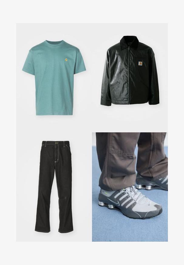 Sort lynlåsejakke lavet af glat, blankt materiale. Har en kordfløjlsfarvet krave, to forlommer og et lille logo-patch på brystet.; Bomulds T-shirt i teal, korte ærmer, rund halsudskæring, med et lille gult logo på venstre bryst. Textureret stof med en glat overflade.; Sorte denimjeans med løs pasform, der har kontrasterende hvid syning, en knaplukning og et lige ben-design.; Grå og sølv Nike Shox sneakers har et slankt design med mesh og syntetiske materialer, en rund tå og en polstret krave.