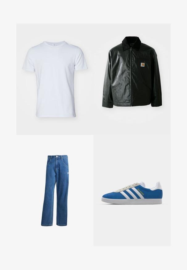Črna jakna na zadrgo, izdelana iz gladkega, sijočega materiala. Ima žametni ovratnik, dva sprednja žepa in majhno oznako logotipa na prsih.; Filippa K TEE - Navadna majica - ice blue; Modre visoko pasu široke denim kavbojke z sprednjimi žepi, zankami za pas, gumbom za zapiranje in majhnim logotipom Adidas na desni stegno.; adidas Originals ADIDAS GAZELLE SHOES - Dvoranske nogometne kopačke - real madrid/bluebird/footwear white/crew yellow