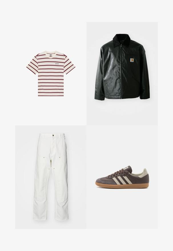 Mustat vetoketjulliset takit, jotka on valmistettu sileästä, kiiltävästä materiaalista. Sisältää kangastakin kauluksen, kaksi etutaskua ja pienen logopatchin rinnassa.; Lyhythihainen t-paita, jossa on vaaka-amrank- ja kerma värejä, ja jossa on "Dickies"-logo brodeerattuna vasemman rinnan kohdalla.; Valkoiset puuvillaiset cargo-housut, joissa on rento istuvuus. Ominaisuuksiin kuuluvat etutaskut, kultaiset yksityiskohdat ja vahvistetut polviosat.; Ruskeahuiset lenkkarit, joissa on kolme lyhyttä vaaleaa raitaa, kuminen pohja, pyöreä kärki ja teksturoitu mokkanahkakoristelu kannassa ja kärjessä.