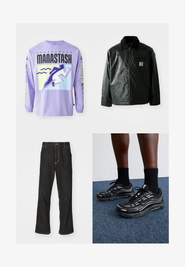 Sort lynlåsejakke lavet af glat, blankt materiale. Har en kordfløjlsfarvet krave, to forlommer og et lille logo-patch på brystet.; Lilla langærmet t-shirt med et grafisk design med stiliserede løber- og bølgemotiver. Materiale: bomuld. Teksten inkluderer "SPORTSWEAR MANASTASH."; Sorte denimjeans med løs pasform, der har kontrasterende hvid syning, en knaplukning og et lige ben-design.; Sorte Nike sko har et mesh-overdel med accentstriber, tekstureret snørering og en sort gummisål. Båret med sorte ribbede sokker.