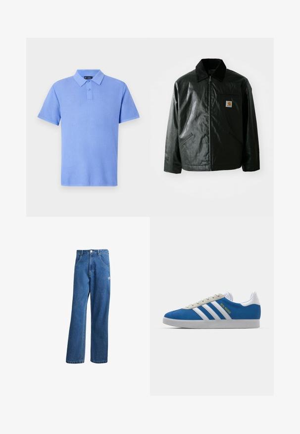 Czarna kurtka zapinana na zamek, wykonana z gładkiego, błyszczącego materiału. Posiada kołnierz z kordurowej tkaniny, dwie przednie kieszenie oraz małą naszywkę z logo na klatce piersiowej.; Koszulka polo w jasnoniebieskim kolorze, z krótkimi rękawami, z teksturowanej dzianiny, z trzema guzikami, kołnierzykiem i bez dodatkowych wzorów ani akcentów.; Niebieskie dżinsy o wysokim stanie i szerokich nogawkach z przednimi kieszeniami, paskiem, zapięciem na guziki oraz małym logo Adidas na prawej udzie.; adidas Originals GAZELLE niebieski