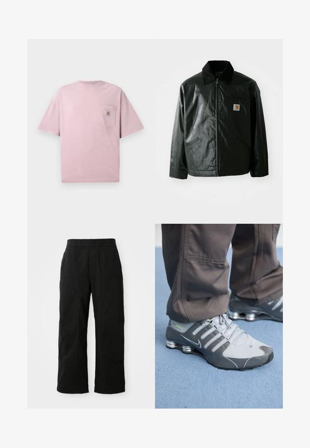 Must mustaga, läikiva materjaliga musta värvi jakk. Omab kordonilõikega kraed, kahte esikäe taskut ja väikest logo sildi rinnal.; Heled roosa puuvillane T-särk, ümmarguse kaelusega, lühikeste varrukatega ja vasakul ees taskuga, millel on logotempel. Sile tekstuur.; Mustad puuvillased püksid, millel on elastne vöökoht, laiad sääred ja suured küljetaskud. Kanga välimus on pehme ja sile.; Hallid ja hõbe Nike Shox tennisetossud on varustatud elegantse disainiga, neil on võrkkangas ja sünteetilised materjalid, ümar varvas ja pehmendatud kaelus.